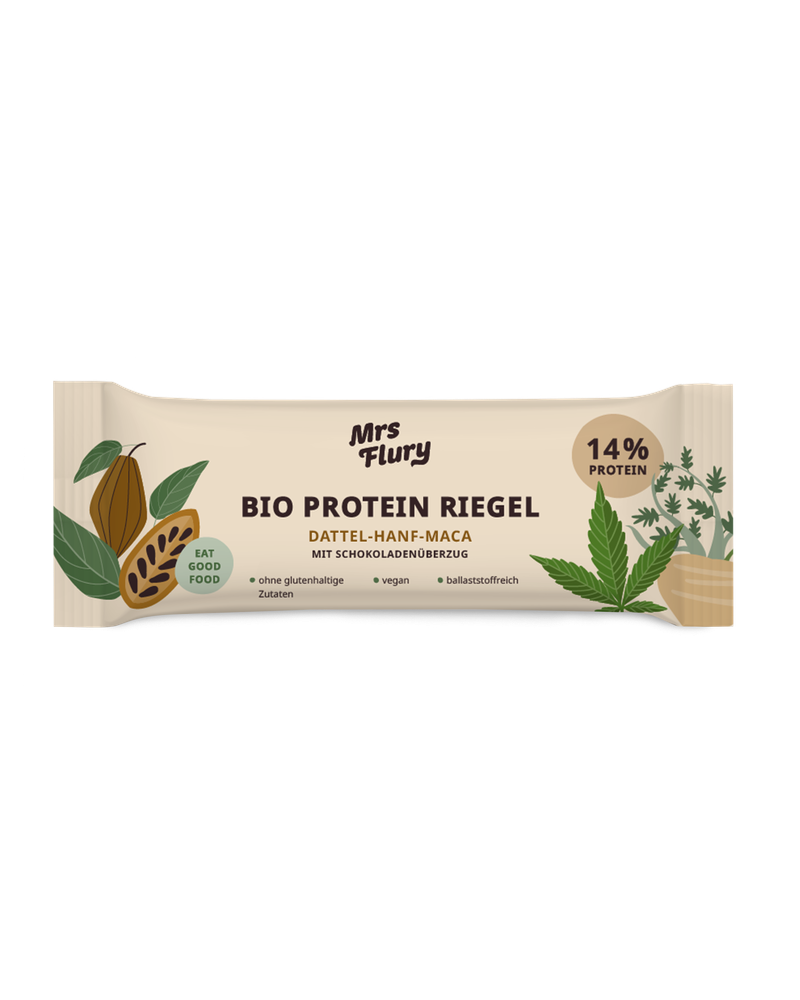 Bio Protein Riegel Hanf-Maca 14% Protein mit Schokoladenüberzug ⚠️Produkt wird ungekühlt verschickt⚠️