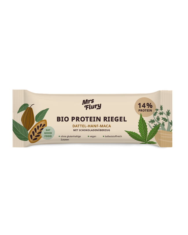 Bio Protein Riegel Hanf-Maca 14% Protein mit Schokoladenüberzug ⚠️Produkt wird ungekühlt verschickt⚠️ Hover Image