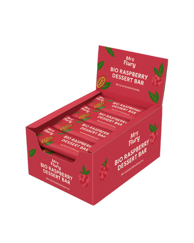 Bio Raspberry Dessert Bar 50 g Box 12 Stück fruchtig, schokoladig, natürlich gut⚠️Produkt wird ungekühlt verschickt⚠️ Hover Image